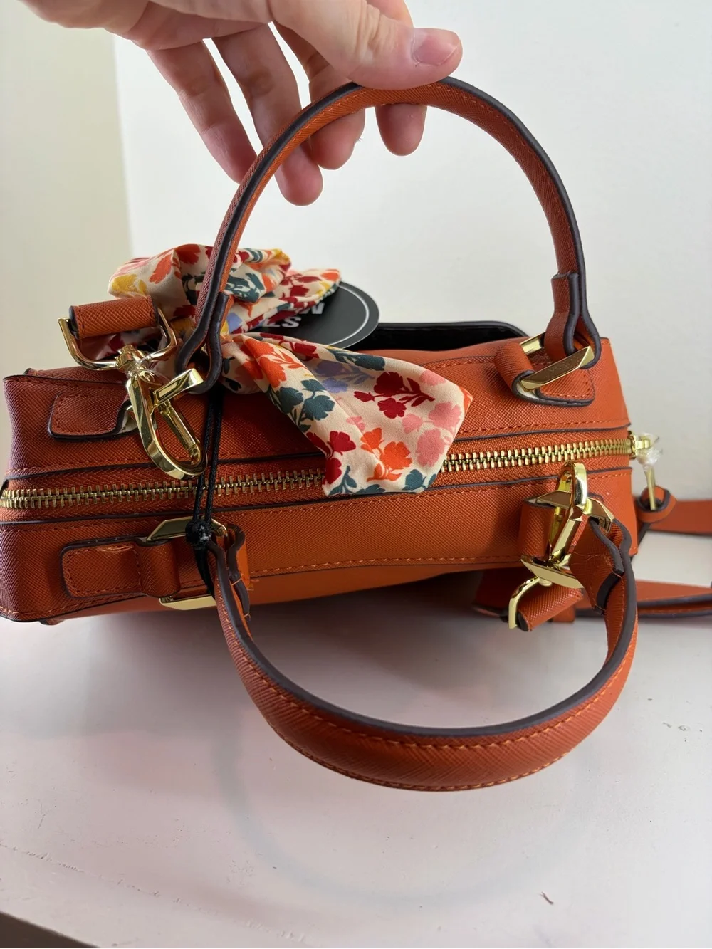 Steve Madden Orange Crossbody Satchel with Floral Scarf Accent - Picture 7 of 10